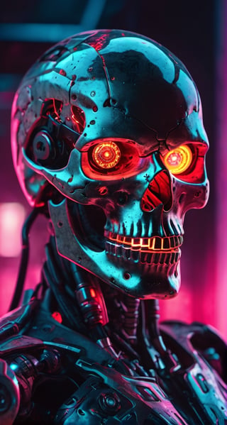 full body photo of evil menacing Translucent bio luminescent  cyborg skull, a beam of dark cosmic light  in background, red glowing vibrant eye socket,(intricate detail), (super detailed), 8k hdr, highly detailed,  perfect lighting, sinister glow,  atmospheric perspective, ray tracing, endless void background, skull fragments everywhere, Movie Still, backlighting, , cyborg style, Film Still,vaporwave style,cyborg style