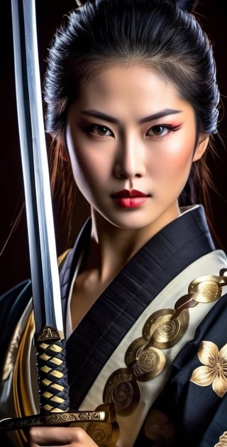 "Generate an image of a captivating Japanese samurai woman. She possesses stunning, expressive eyes that reflect her strength and wisdom. Her long, lustrous black hair flows gracefully as she stands tall in a traditional samurai outfit, exuding elegance and power. In her hand, she firmly holds a gleaming Katana sword, symbolizing her mastery in the art of the sword and her dedication to the way of the warrior." (Photographic, realistic, masterpiece, HDR high quality image,), 