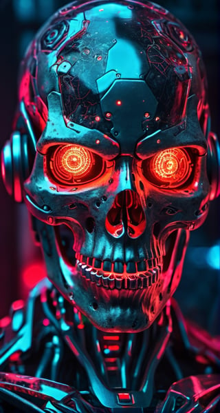 full body photo of evil menacing Translucent bio luminescent  cyborg skull, a beam of dark cosmic light  in background, red glowing vibrant eye socket,(intricate detail), (super detailed), 8k hdr, highly detailed,  perfect lighting, sinister glow,  atmospheric perspective, ray tracing, endless void background, skull fragments everywhere, Movie Still, backlighting, , cyborg style, Film Still,vaporwave style,cyborg style