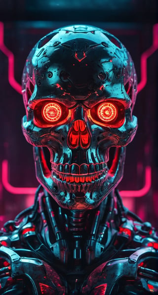 full body photo of evil menacing Translucent bio luminescent  cyborg skull, a beam of dark cosmic light  in background, red glowing vibrant eye socket,(intricate detail), (super detailed), 8k hdr, highly detailed,  perfect lighting, sinister glow,  atmospheric perspective, ray tracing, endless void background, skull fragments everywhere, Movie Still, backlighting, , cyborg style, Film Still,vaporwave style,cyborg style