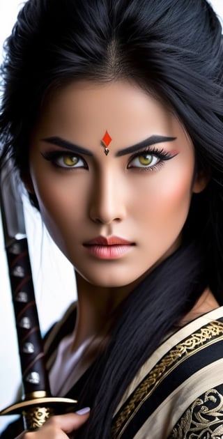 Generate an image of a girl. She possesses stunning, expressive eyes that reflect her strength and wisdom. Her long, lustrous black hair flows gracefully exuding elegance and power. In her hand, she firmly holds a gleaming Katana sword, symbolizing her mastery in the art of the sword and her dedication to the way of the warrior