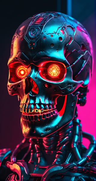 full body photo of evil menacing Translucent bio luminescent  cyborg skull, a beam of dark cosmic light  in background, red glowing vibrant eye socket,(intricate detail), (super detailed), 8k hdr, highly detailed,  perfect lighting, sinister glow,  atmospheric perspective, ray tracing, endless void background, skull fragments everywhere, Movie Still, backlighting, , cyborg style, Film Still,vaporwave style,cyborg style