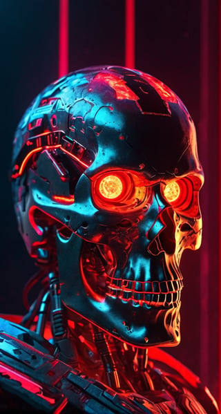 full body photo of evil menacing Translucent bio luminescent  cyborg skull, a beam of dark cosmic light  in background, red glowing vibrant eye socket,(intricate detail), (super detailed), 8k hdr, highly detailed,  perfect lighting, sinister glow,  atmospheric perspective, ray tracing, endless void background, skull fragments everywhere, Movie Still, backlighting, , cyborg style, Film Still,vaporwave style,cyborg style