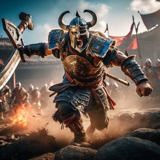 ((Insanely dynamic action shot)) of Berserker from For Honor, ultra realistic shot on Fujifilm GFX 50r Darek Zabrocki, Neil Blevins, Cedric Peyravernay, atmospheric