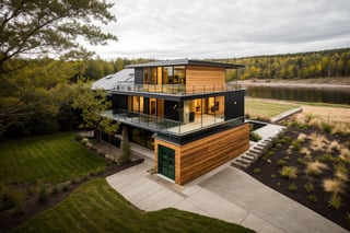 house exterior industry style, dark yellow and green color scheme, like an oldtime industry factory,raw materials, exposed structural elements, and simple, clean lines,rough-hewn steel, polished concrete, glass, and exposured brick,