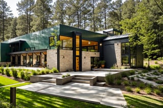 house exterior industry style, dark yellow and green color scheme, like an oldtime industry factory,raw materials, exposed structural elements, and simple, clean lines,rough-hewn steel, polished concrete, glass, and exposured brick,