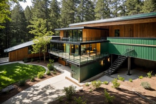 house exterior industry style, dark yellow and green color scheme, like an oldtime industry factory,raw materials, exposed structural elements, and simple, clean lines,rough-hewn steel, polished concrete, glass, and exposured brick,