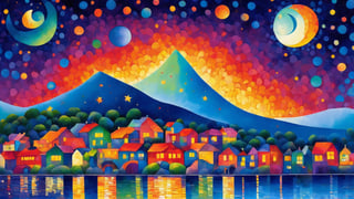 oil painting concept art, vibrant color, 

The Southern Star Atlas, (Teppei Sasakura style:1.5),  (Pointillism:1.3), (papercutting:1.2), cutout picture, (HDR:1.4), high contrast, 

blue midnight, shining stars, crescent moon, Create a whimsical and vibrant port townscape with colorful, fantastical buildings,flower in front of buildings shore of a port town, The color palette should include vibrant colors with contrasting highlights and shadows to give depth, The brushwork is smooth with clean lines for the buildings and more fluid strokes for the sky and water reflections, The overall art style evoke elements of surrealism mixed with folk art, Draw inspiration from artists like Marc Chagall for dreamlike scenes and Joan Miró for bold colors and shapes, snset, shining crescent moon,

a image for a póster of psytrance festival, contains fractals, spiritual composition, the imagen evoke happiness and energy. the imagen contains organic textures and surreal composition. some parts of the image evoke a las trip,