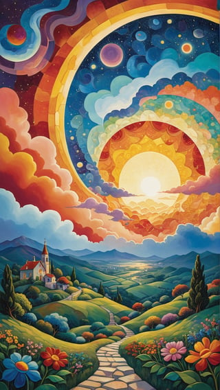 oil painting concept art, vibrant color, 

The Southern Star Atlas, (Teppei Sasakura style:1.5),  (Pointillism:1.3), (papercutting:1.2), cutout picture, (HDR:1.4), high contrast, intricately stained glass,

sunset, 1 Crescent moon, Cumulonimbus clouds with angel halo, a vibrant colorful stained glass clouds, (1 large stained glass sun flying in the sunset sky:1.3), Create a whimsical and vibrant flower garden townscape with colorful, fantastical buildings, many strange buildings, Many buildings stand on the slope of the hill ,?hill of a vibrant town, The color palette include vibrant warm colors with contrasting highlights and shadows to give depth, The brushwork is rough with clean lines for the buildings and more fluid strokes for the sky and water reflections, The overall art style evoke elements of surrealism mixed with folk art, Draw inspiration from artists like Marc Chagall for dreamlike scenes and Joan Miró for bold colors and shapes,

a image for a póster of psytrance festival, contains fractals, spiritual composition, the imagen evoke happiness and energy. the imagen contains organic textures and surreal composition. some parts of the image evoke a las trip,