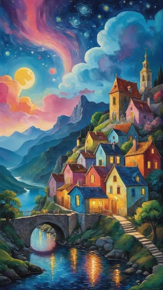 oil painting concept art, vibrant color, 

The starry night, van gogh style, 

Colorful houses lining the mountainous town surrounded by abundant nature. A peaceful night descends, with a beautiful night sky and colorful, storybook-like clouds, 

night in the Mountainous Town Surrounded by Nature, 

Colorful houses line the mountainous town, surrounded by abundant nature, As a peaceful night descends, a beautiful night sky and colorful, storybook-like clouds spread across the scene,

Create a whimsical and vibrant townscape with colorful, fantastical buildings, The color palette should include bright pinks, oranges, blues, and purples, with contrasting highlights and shadows to give depth, The brushwork should be smooth, with clean lines for the buildings and more fluid strokes for the sky and water reflections, The overall art style should evoke elements of surrealism mixed with folk art, Draw inspiration from artists like Marc Chagall for dreamlike scenes and Joan Miró for bold colors and shapes,

a image for a póster of psytrance festival, contains fractals, spiritual composition, the imagen evoke happiness and energy. the imagen contains organic textures and surreal composition. some parts of the image evoke a las trip