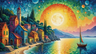 oil painting concept art, vibrant color, 

The Southern Star Atlas, (Teppei Sasakura style:1.5),  (Pointillism:1.3), (papercutting:1.2), cutout picture, (HDR:1.4), high contrast, 

Create a whimsical and vibrant port townscape with colorful, fantastical buildings and Wooden yacht, shore of a port town The color palette should include vibrant colors with contrasting highlights and shadows to give depth, The brushwork is smooth with clean lines for the buildings and more fluid strokes for the sky and water reflections, The overall art style evoke elements of surrealism mixed with folk art, Draw inspiration from artists like Marc Chagall for dreamlike scenes and Joan Miró for bold colors and shapes, snset, shining crescent moon,

a image for a póster of psytrance festival, contains fractals, spiritual composition, the imagen evoke happiness and energy. the imagen contains organic textures and surreal composition. some parts of the image evoke a las trip,