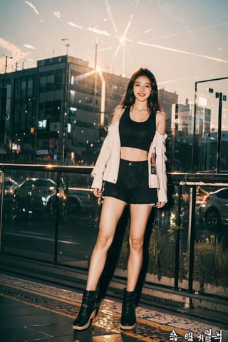 (masterpiece, top quality, best quality,1girls,Korean, beautiful face, smile, long hair, 19 years old, tank top, jacket, shorts, boots, hills, full body view, sunset,flash