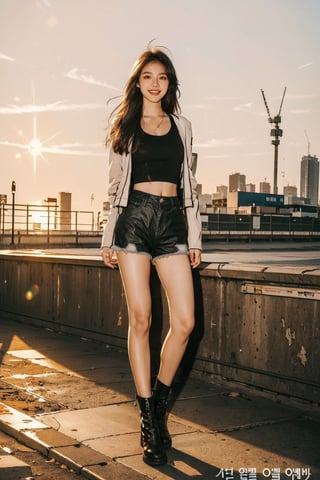 (masterpiece, top quality, best quality,1girls,Korean, beautiful face, smile, long hair, 19 years old, tank top, jacket, shorts, boots, hills, full body view, sunset,flash