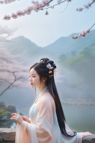 Best quality,(masterpiece:1.2),cinematic photo,A beautiful girl wearing a white hanfu Hanfu girl in a peach blossom forest, delicate features, a gentle mist hangs in the air, petals gently falling and spiraling in the breeze. Beyond the peach blossom forest, in the distance, lies the meeting point of a sea of clouds and the ocean, shrouded in mist. This creates a dreamlike, ethereal scene. The softly blurred background unveils a detailed, realistic landscape with a tranquil, magical ambiance. Soft lighting, subtle lens flare, a hazy atmosphere, painterly elements, and enchanting, surreal beauty encompass the entire scene.