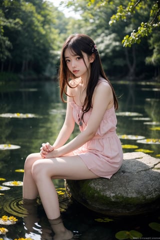 a girl sitting on a rock in the water, fantasy art, beautiful pink little alien girl, soft light misty yoshitaka amano, very sad emotion, reflecting flower, her hands are red roots, magali villeneuve and monet, detailed art in color, little girl, sitting at a pond, timid,1 girl, masterpiece,best quality 