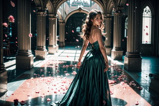 Xxmix_girl, a woman wearing a long elegant dress that covers the floor, she has long braided hair and green eyes, (large breast), ((twirling dress)), (smile:1), looking back at viewer, back, walking down an asymmetrical carpet, sun rays, white and teal tones, futuristic huge palace hallway, (fantasy clothing), throne, light is beaming down to her, (cinematic lighting), (((pink rose petals falling))), glitter, ray tracing, green, heavy contrast, RAW photo, (detailed face), (aesthetically pleasing), soothing tones, unique, intricate designs, (ultra detailed:1.4),