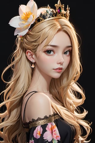 black background, long hair, solo, parted lips, crown, lips, flower, 1girl, upper body, blonde hair, dress, looking at viewer
