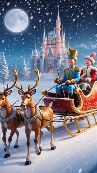 one Handsome young Prince with nutcracker outfits riding a beautiful Sleigh with 4 reindeers flying from the midway toward the garden in 3D Disney pixels with snowy floor , moonlif snow, snow falling scenes,ral-chrcrts