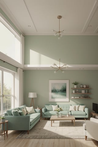 Interior design living room, Colors: light green , and Cream,  3D rendered, masterpiece, beautiful, modern design, high ceiling, large shop, cozy atmosphere, realistic colors, detailed, widescreen, full picture, ultra-high definition, extremely detailed, photorealistic, high resolution interior design, extremely high detailed beautiful modern lighting,