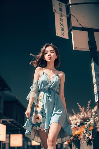 woman, flower dress, colorful, darl background,blue theme,exposure blend, medium shot, bokeh, (hdr:1.4), high contrast, (cinematic, teal and orange:0.85), (muted colors, dim colors, soothing tones:1.3), low saturation,motiontrail