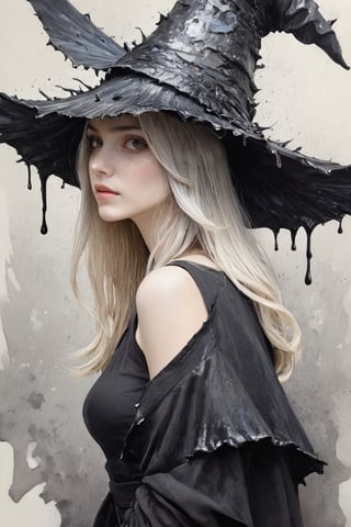 ((Add coprinus_comatus texture to her hat, witchhatshaped)), jagged edges, eye-catching detail, insanely intricate, vibrant light and shadow, beauty, textured, captivating, style of oil painting, modern ink, watercolor , brush strokes, negative white space,InkyCapWitchyHat,coprinus_comatus