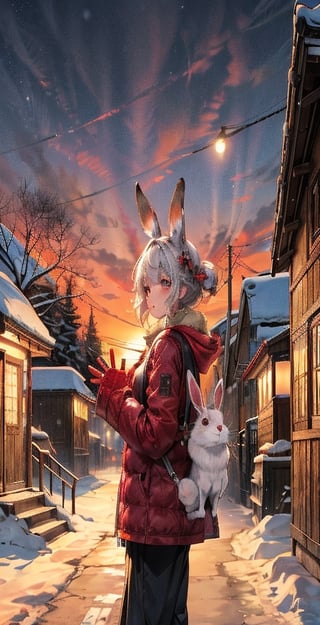 sfw,animal,Rabbit,winter,bye bye,Shrine in the back,In night town,waving