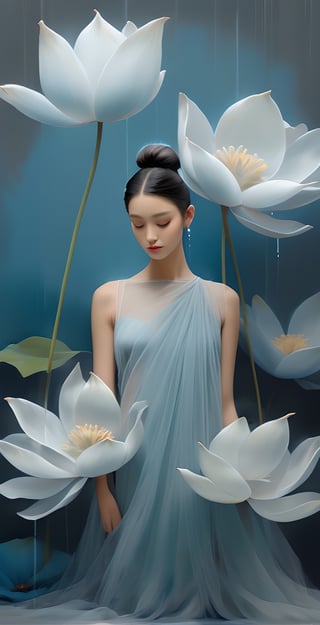 ((best quality)), ((masterpiece)), (detailed), (realistic),NYFlowerGirl, 1girl, black hair, flower, dress, solo, blue dress,(tulle:1.2), hair bun, single hair bun, reflection, closed eyes, water, dark-skinned female, dark skin, standing, collarbone, sleeveless, bare shoulders, facing viewer, grey background, sleeveless dress,more detail XL,Leonardo Style,niji style,ghibli style,realistic,dripping paint,painting sketch