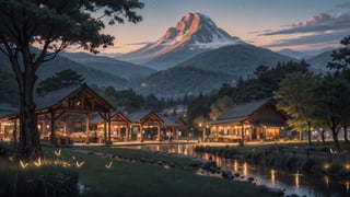 (Masterpiece, ultra detailed, hyper quality, best result) beautiful market in mid eval village, sunset, trees and grass looks beautiful, mountains on the foreground. ,High detailed ,firefliesfireflies