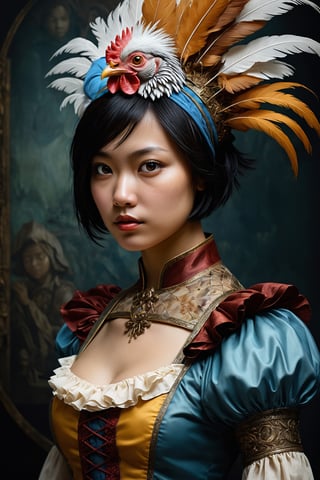  HONG KONG Girl ((September Ai)) with brown colour skin, short hair, 

High Renaissance and Surreal fantasy illustration inspired by artists like da Vinci, Brian M Viveros, and Esao Andrews. Capture a macro close-up of a captivating chicken and a harlequin troll in period attire, giving the image a charming yet intimidating vibe. Use transparency, luminism, and dynamic poses, incorporating a double exposure effect to merge the two subjects seamlessly. Fill the sky with elaborate details, splatter effects, dramatic lighting, and ultra-fine details, all enhanced with vivid colors for an enthralling composition.,Extremely Realistic
