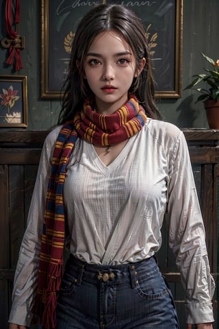 (photorealistic:1),high resolution,soft light,1women,solo,hips up,shining skin,detailed face,tattoo,jewelry,wavy hair,hogrobe,hogrobe,hogscarf,hogbrezwer,hogshirt,hogsweater,gryffindor