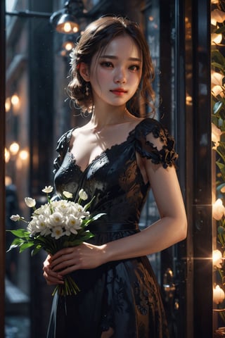 1girl,8k wallpaper,extremely detailed figure, amazing beauty, detailed characters, indoor,black dress, holding flowers, light and shadow, depth of field, light spot, reflection,upper body,nigth,street