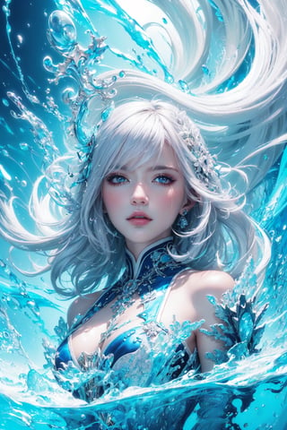 (masterpiece, top quality, best quality, official art, beautiful and aesthetic:1.2), (1girl:1.2), cute, extreme detailed,(abstract:1.4, fractal art:1.3),(silver_hair:1.1), fate \(series\), colorful,highest detailed, fire, ice, lightning, (splash_art:1.2), jewelry:1.4, hanfu, scenery, ink