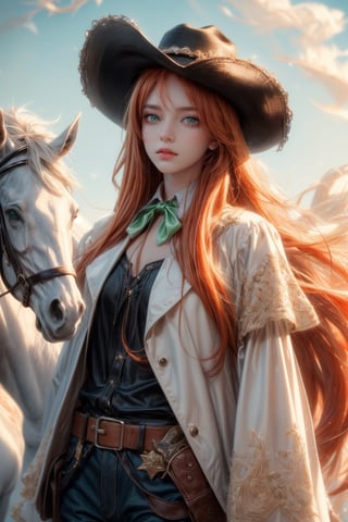 photography awards, masterpiece, orange hair color, long hair, green eyes, wearing cowboy outfit, cowgirl, masterpiece, wild west background, high detail, photography awards, wild west, white horse, high background detail, black cowboy hat