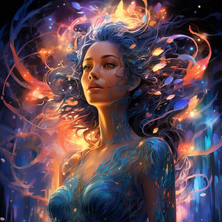 In a mesmerizing digital painting,  a celestial female alien emerges,  radiating vibrant bioluminescent hues against the dark expanse of space. Its otherworldly form is a symphony of iridescent colors,  with scales that shimmer like precious gems and intricate patterns that seem to dance with life. Luminescent tendrils extend from its body,  illuminating its surroundings with an ethereal glow. The image captures every intricate detail of this vivacious creature,  showcasing its celestial beauty in stunning high-definition