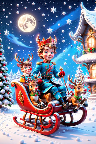 one Handsome young Prince with nutcracker outfits riding a beautiful Sleigh with 4 reindeers flying from the midway toward the garden in 3D Disney pixels with snowy floor , moonlif snow, snow falling scenes,ral-chrcrts