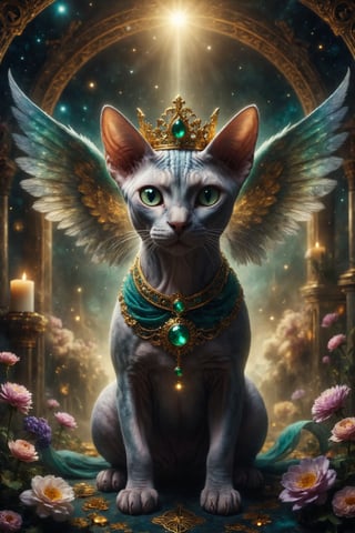 The central image should be a majestic Sphynx cat with wing majestic whit, a starry background and astrological symbols. The cat wears a golden crown and is surrounded by a halo of golden light. At the bottom, he added subtle, ornate floral details in gold and emerald tones. with magic particles, and smoke, fabric luxury, Use deep, rich colors such as dark blue, deep purple and gold to give a sense of mystery and spirituality. The design should evoke a sense of luxury and magic, inviting the user to explore the world of tarot with reverence and wonder.