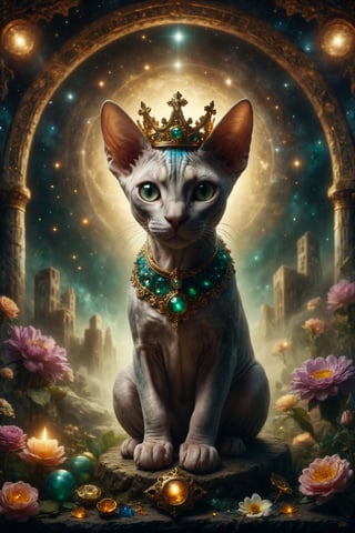 The central image should be a majestic Sphynx cat with a starry background and astrological symbols. The cat wears a golden crown and is surrounded by a halo of golden light. At the bottom, he added subtle, ornate floral details in gold and emerald tones. Use deep, rich colors such as dark blue, deep purple and gold to give a sense of mystery and spirituality. The design should evoke a sense of luxury and magic, inviting the user to explore the world of tarot with reverence and wonder.