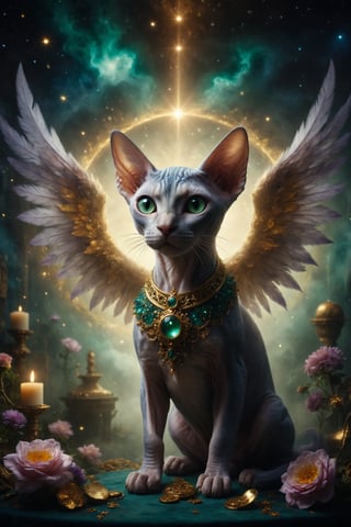 The central image should be a majestic Sphynx cat with wing majestic whit, a starry background and astrological symbols. The cat wears a golden crown and is surrounded by a halo of golden light. mistic smoke aura, At the bottom, he added subtle, ornate floral details in gold and emerald tones. with magic particles, and smoke, fabric luxury, Use deep, rich colors such as dark blue, deep purple and gold to give a sense of mystery and spirituality. The design should evoke a sense of luxury and magic, inviting the user to explore the world of tarot with reverence and wonder.