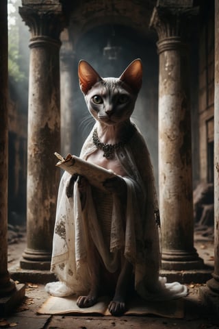 Generate a scene with a Sphynx cat sitting between two columns, one black and one white. The cat holds a scroll and has a veil behind it, symbolizing mystery, wisdom, and intuition.