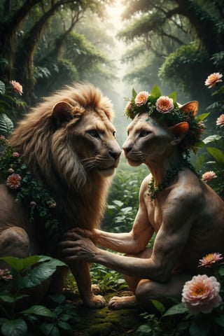 Generate a scene where a one car Sphynx cat calms a one fierce lion with a gentle touch. The cat wears a flower crown and is surrounded by greenery, symbolizing compassion, courage, and inner strength.