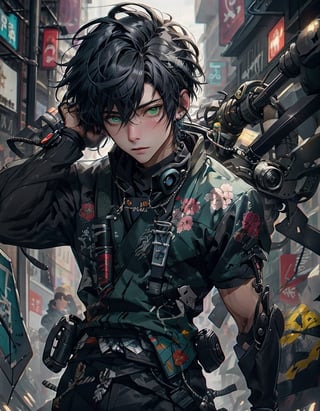 cyberpunk style, 1boy, solo, looking at viewer, suit clothes, samurai hair, mechanical arms, earrings, blurry background, cyberpunk, floral print, cowboy shot, Best quality, best illustration, best lighting, incredible quality, highly detailed 8k CG wallpaper, detailed eyes, detailed face, detailed hair, 1man, Detailedface , green eyes, mechanical hand