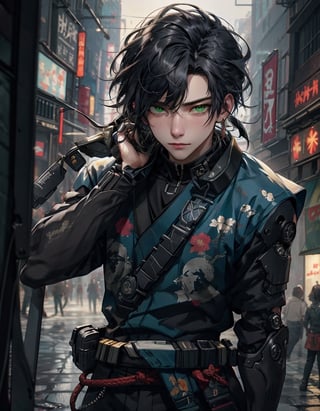 cyberpunk style, 1boy, solo, looking at viewer, suit clothes, samurai hair, mechanical arms, earrings, blurry background, cyberpunk, floral print, cowboy shot, Best quality, best illustration, best lighting, incredible quality, highly detailed 8k CG wallpaper, detailed eyes, detailed face, detailed hair, 1man, Detailedface , green eyes, mechanical hand