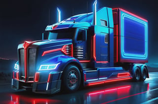 photorealistic image, masterpiece, high quality 8K, of a futuristic science fiction fantasy ((Optimus Prime long truck)), Tron legacy, blue and red neon lights, good lighting, at night, sharp focus