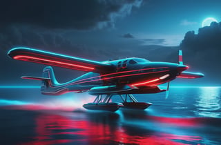 photorealistic image, masterpiece, high quality 8K, of a futuristic science fiction fantasy super long seaplane, Tron legacy, blue and red neon lights, good lighting, sailing through the sea, at night, sharp focus