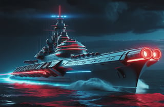 photorealistic image, masterpiece, high quality 8K, of a futuristic science fiction fantasy super long Missouri battleship with triple cannons and laser machine gun nest, Tron legacy, blue and red neon lights, good lighting, sailing through the sea, at night, sharp focus