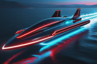 photorealistic image, masterpiece, high quality 8K, of a futuristic science fiction fantasy super long hidro jet, Tron legacy, blue and red neon lights, good lighting, sailing through the sea, at night, sharp focus