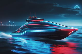 photorealistic image, masterpiece, high quality 8K, of a futuristic science fiction fantasy super long jet boat, Tron legacy, blue and red neon lights, good lighting, sailing through the sea, at night, sharp focus