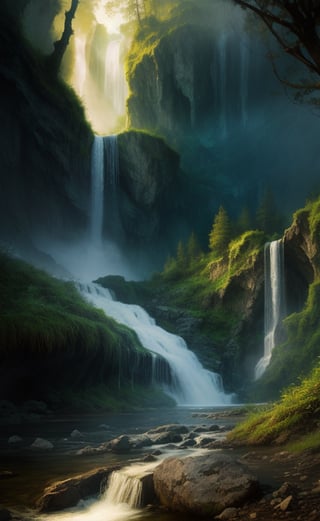 at day, beautiful waterfall between mountains, torrent of falling water, fantasy atmosphere, green environment, river, good lighting, photorealistic image, masterpiece, high quality, sharp focus