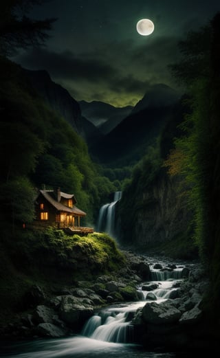 at night, beautiful waterfall between mountains, torrent of falling water, fantasy atmosphere, green environment, river, moonlit, good lighting, photorealistic image, masterpiece, high quality, sharp focus