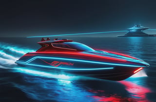 photorealistic image, masterpiece, high quality 8K, of a futuristic science fiction fantasy super long jet boat, Tron legacy, blue and red neon lights, good lighting, sailing through the sea, at night, sharp focus